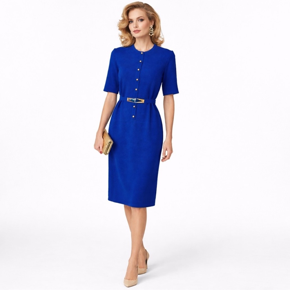 St. John by Marie Gray Santana Knit Dress Royal Blue Belted Vintage 80's Size S